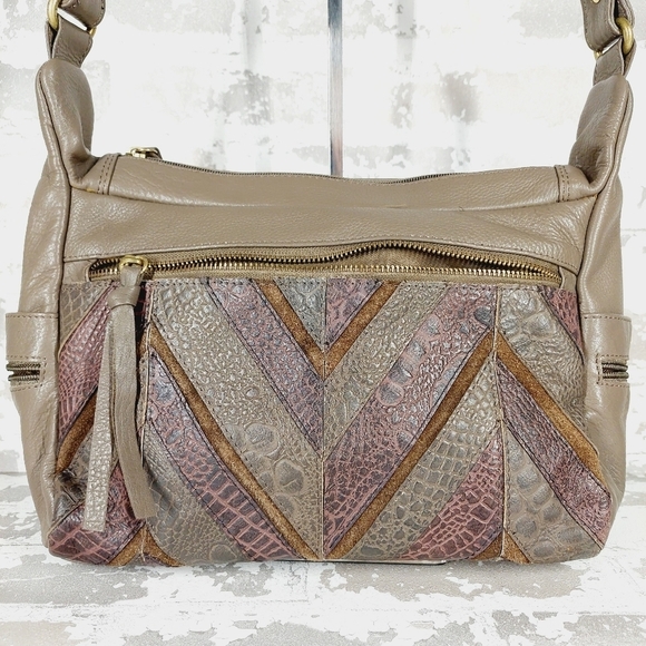 Great American Taupe Tan Purple Pattern Leather Works Shoulder Purse 0814 - Picture 2 of 13